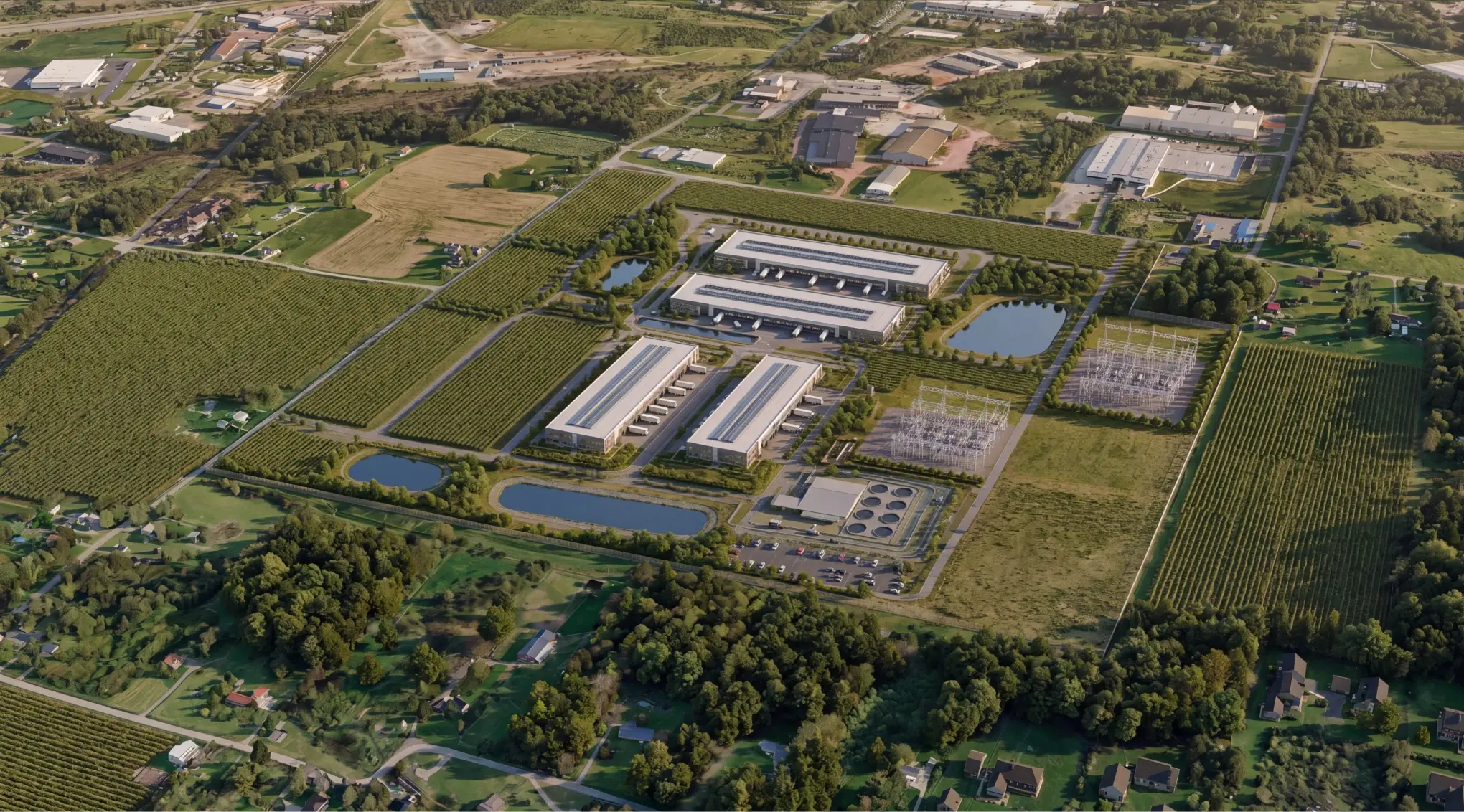 Aerial rendering of the proposed Corscale campus outside Canton: four long server and data halls set around access roads and parking, a power substation and cooling plant along the eastern edge, four retention ponds, and the surrounding farmland, woodland and existing industrial buildings. Labelled on the render: Data Hall 1, Data Hall 2, Data Hall 3, Data Hall 4, Switchyard, Cooling / Water Plant, and Parking / Access.